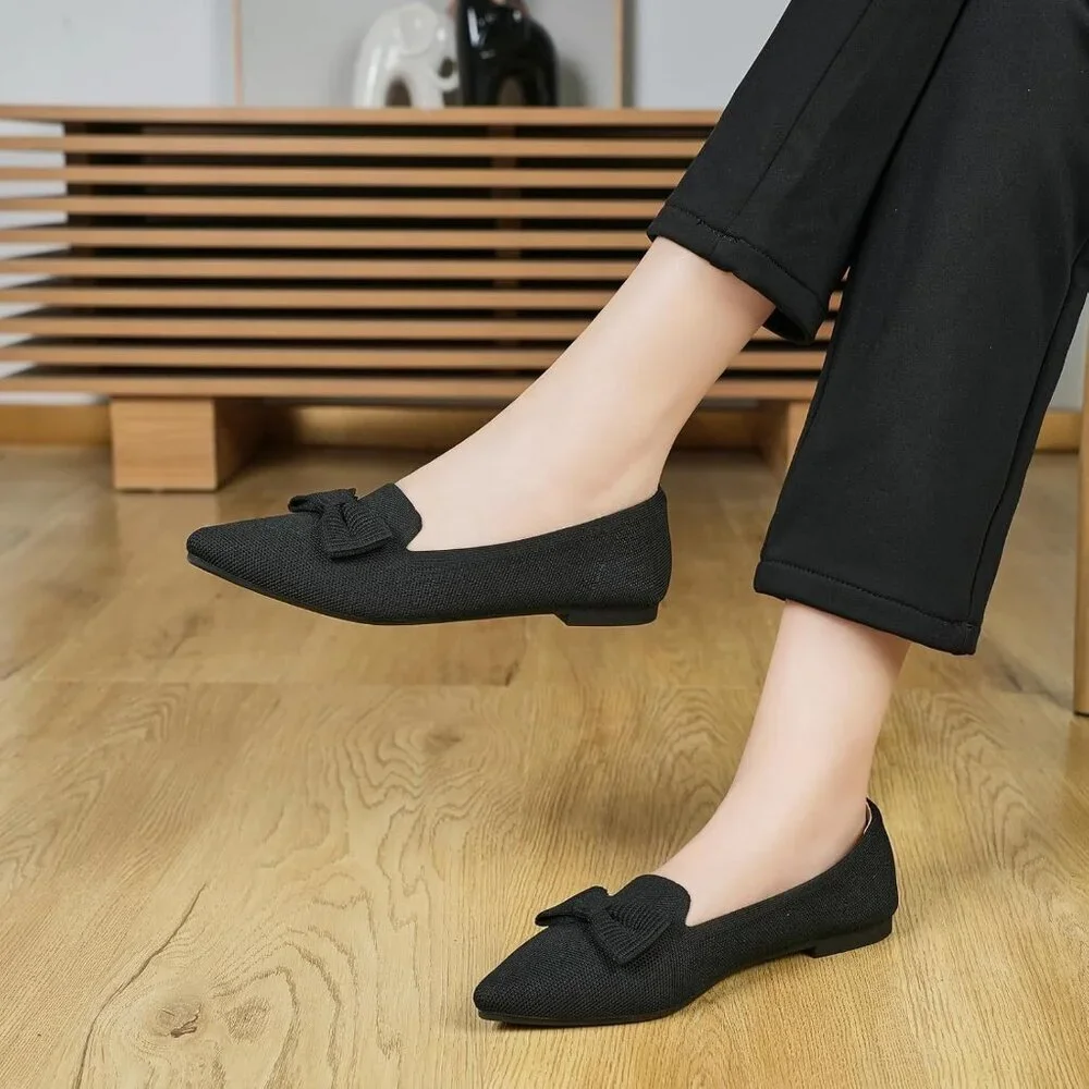 Women Black Pointed Toe Dressy Comfortable Knit Breathable Mesh Ballet Flats